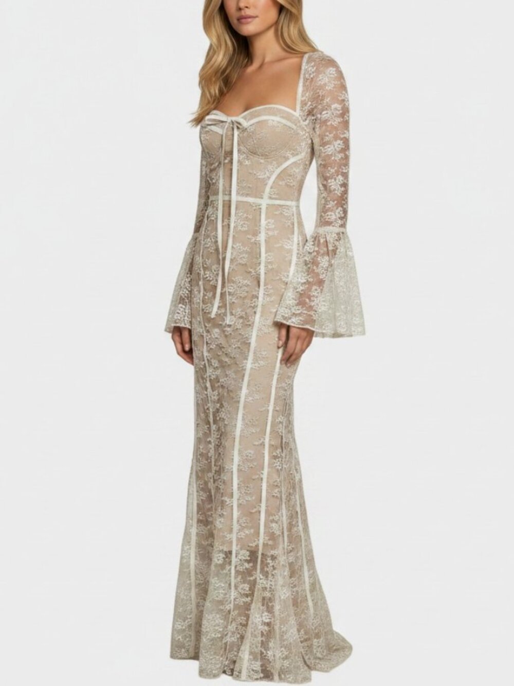 Juniors L Elegant Cream Lace Corset-Style Mermaid Midi/Maxi Dress – Bell Sleeves